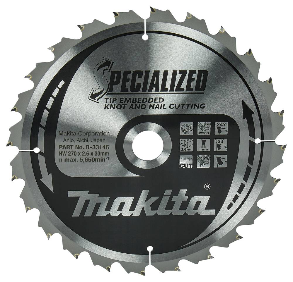 Makita spezialisiertes Kreissägeblatt für Schnitte in Ästen und Nägeln mit eingebetteten Spitzen, gekennzeichnet mit 270 x 2,6 x 30 mm, 24 Zähne.