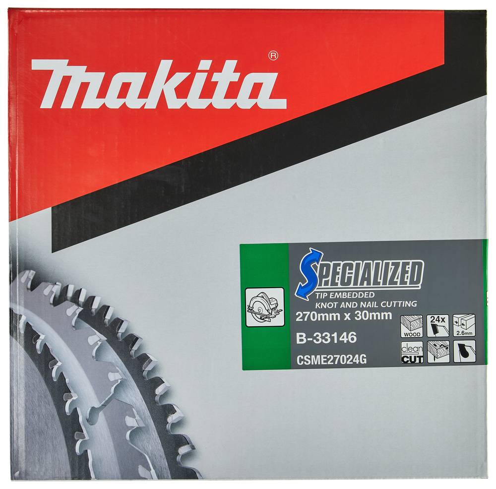 Makita Produktbox für ein spezialisiertes Sägeblatt, beschriftet mit „Spezialisierte Spitze zum Schneiden von Knoten und Nägeln 270 mm x 30 mm B-33146