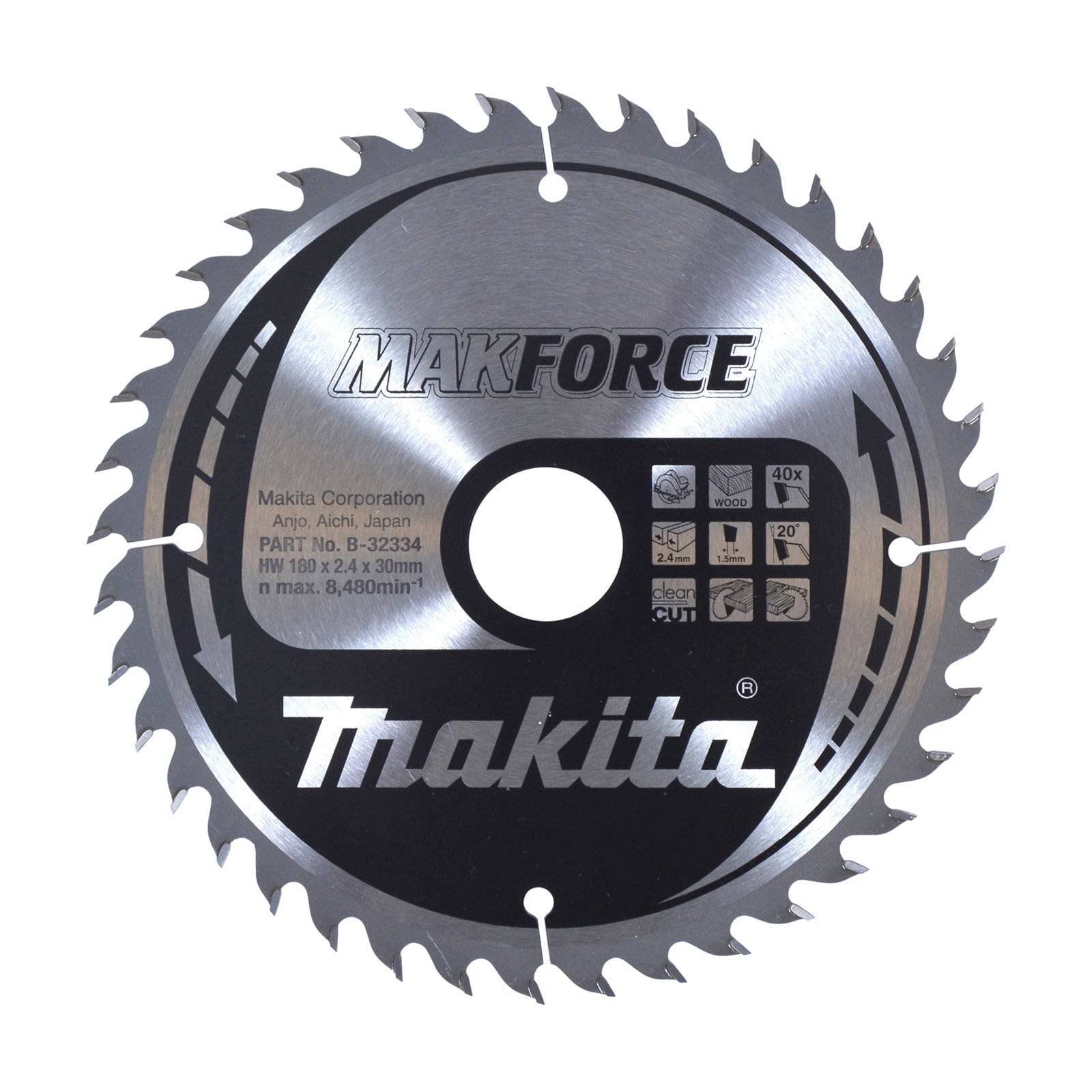 Silberne kreisförmige Sägeblatt von Makita Makforce, Modell B-32343, mit mehreren Zähnen und Sicherheitssymbolen, zum Schneiden von Holz und anderen Materialien.