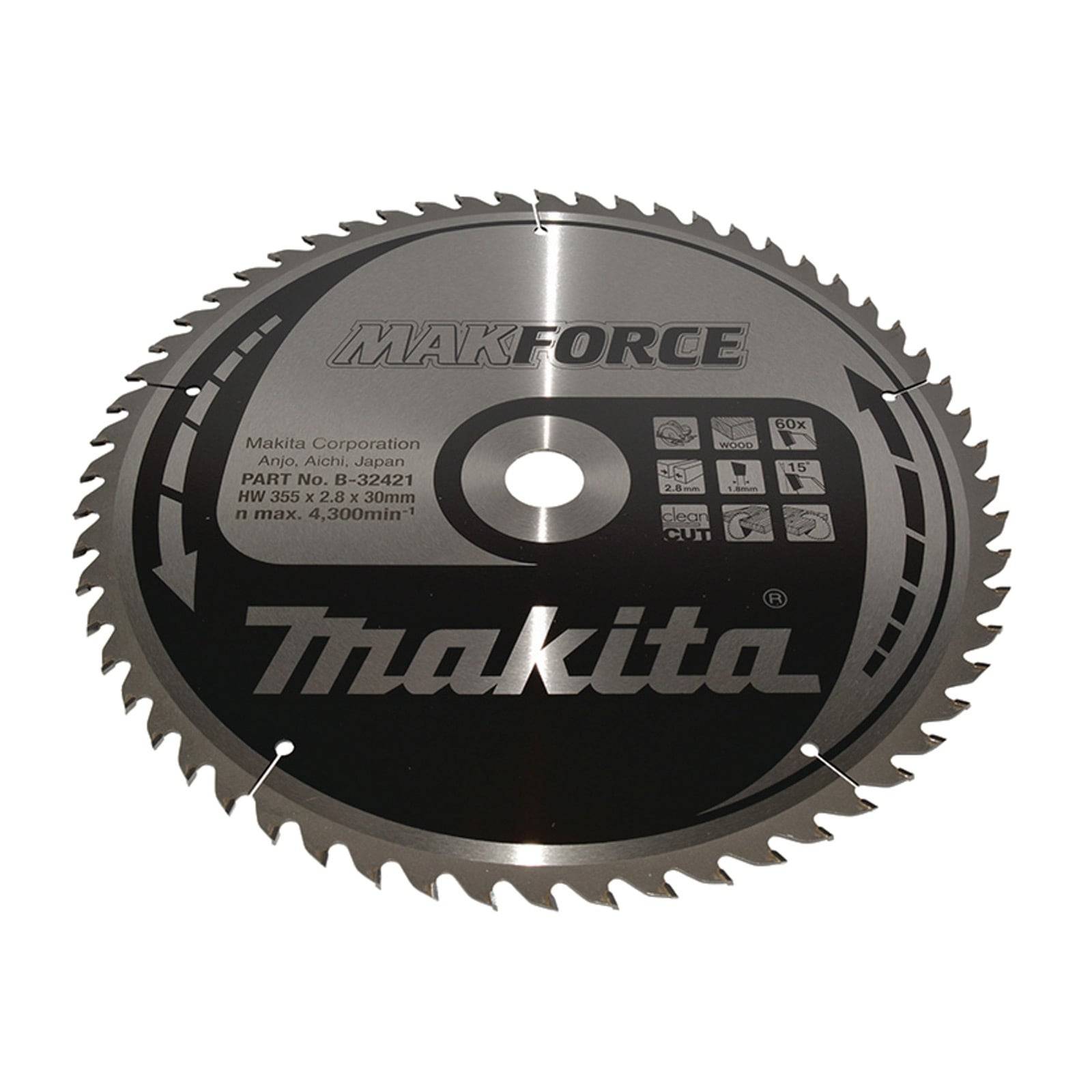 Silberblatt der Kreissäge mit spitzen Zähnen. Beschriftungen: Makforce, Makita, mit Spezifikationen und Symbolabbildungen. Zum Schneiden entwickelt.