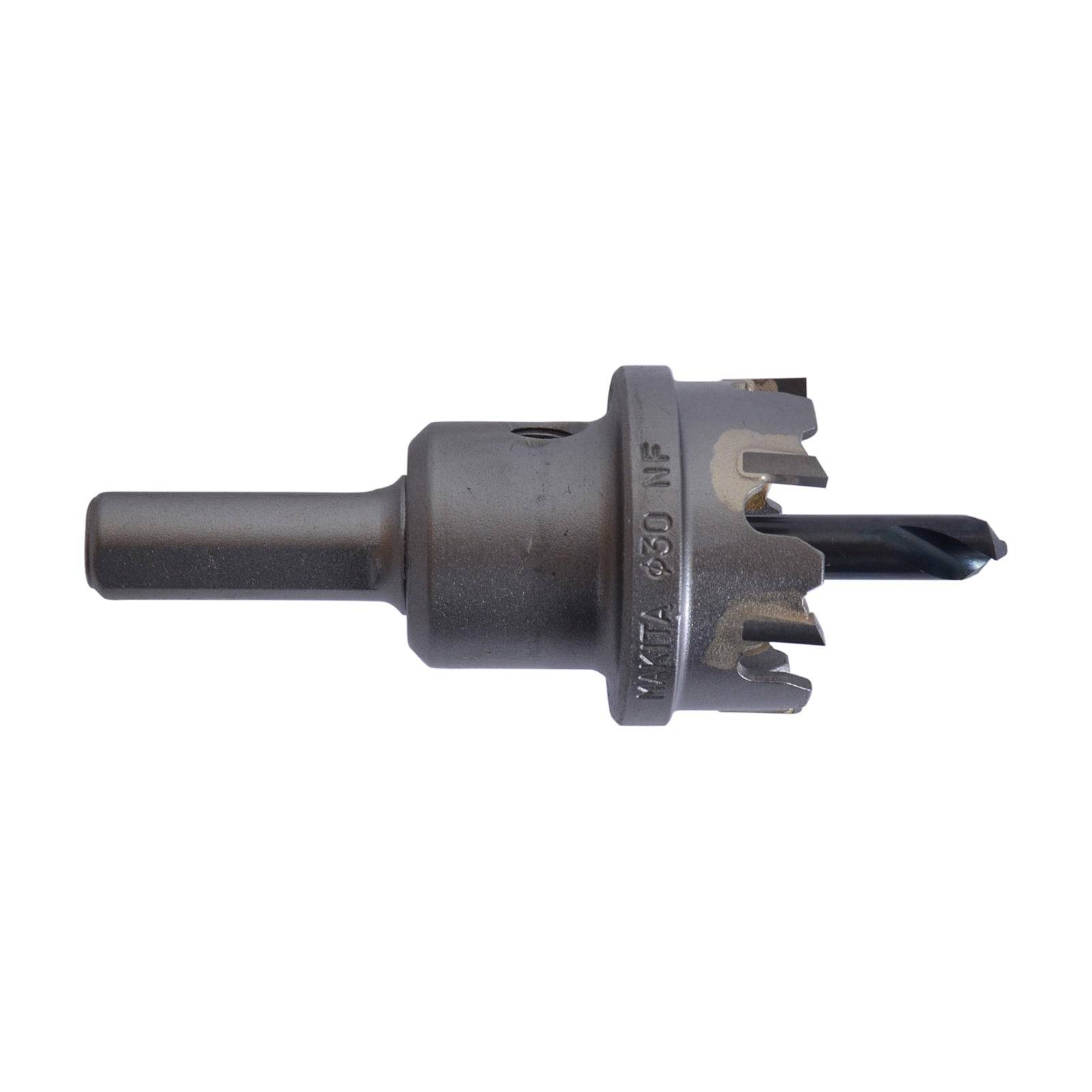 Eine Nahaufnahme eines Metallkreissägeaufsatzes, entwickelt zum präzisen Schneiden von Löchern in Holz oder Metall, mit Zähnen an seinem Rand.