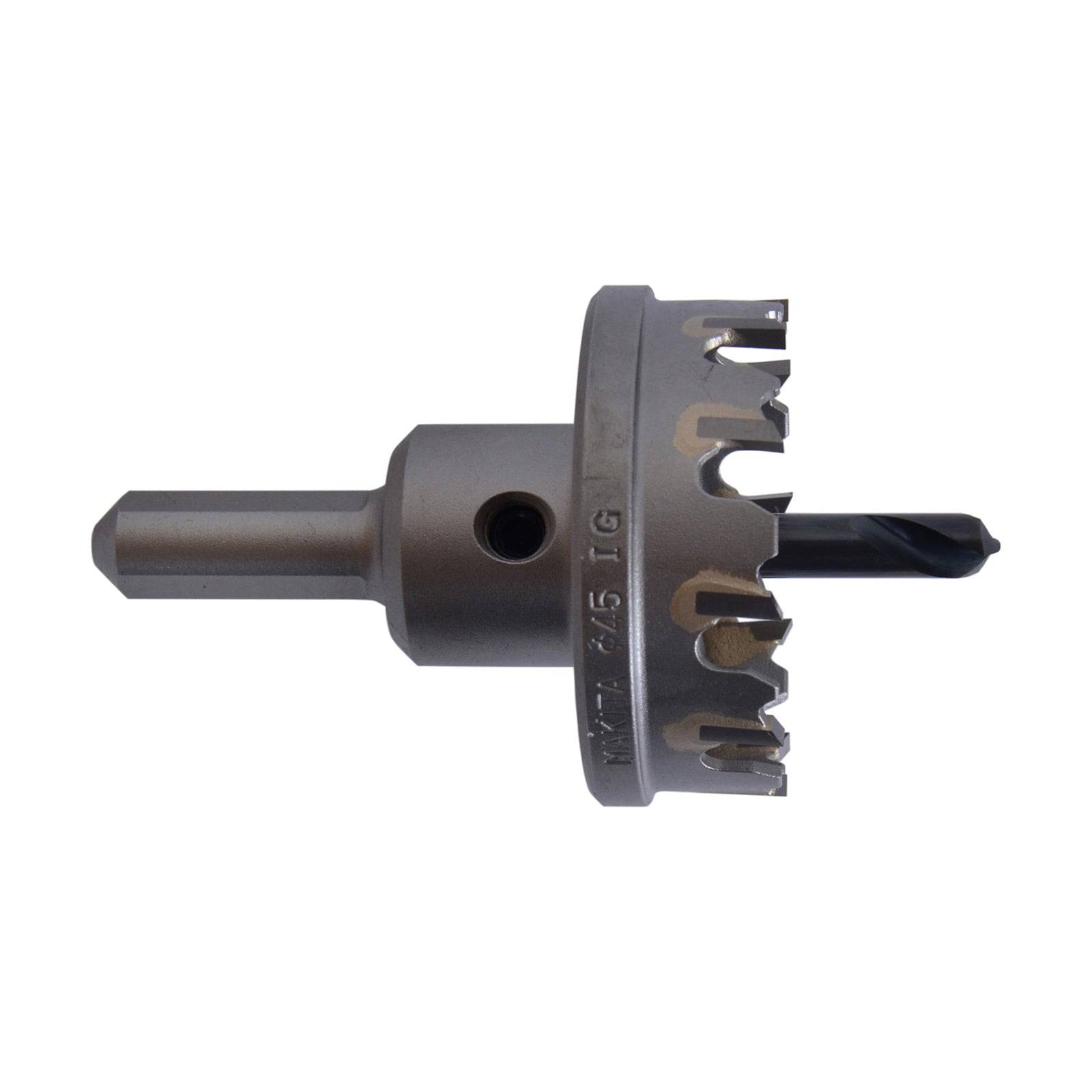 Ein Lochsägeaufsatz aus Metall mit zentriertem Bohrer, der eine gezahnte Kante aufweist und zum Schneiden von kreisrunden Löchern verwendet wird.