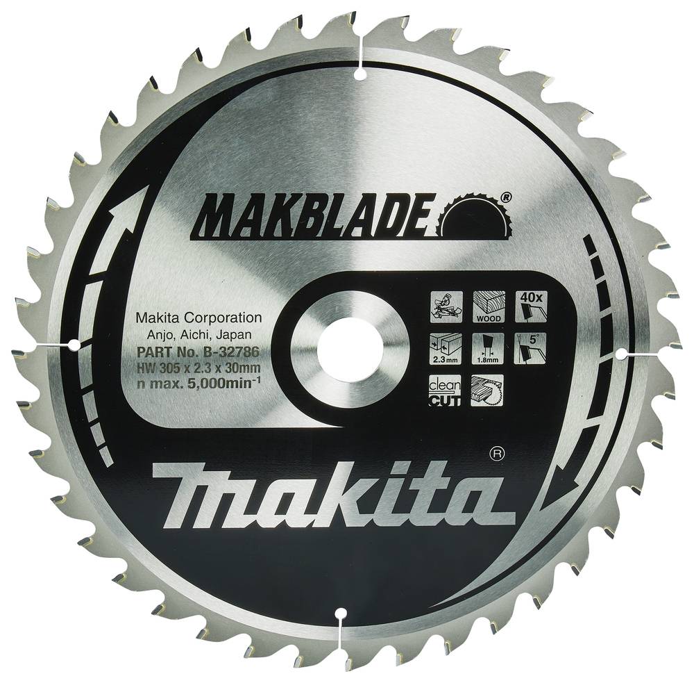 Makita MakBlade Kreissägeblatt für die Holzbearbeitung mit 40 Zähnen und auf der Blattoberfläche aufgedruckten Produktspezifikationen.