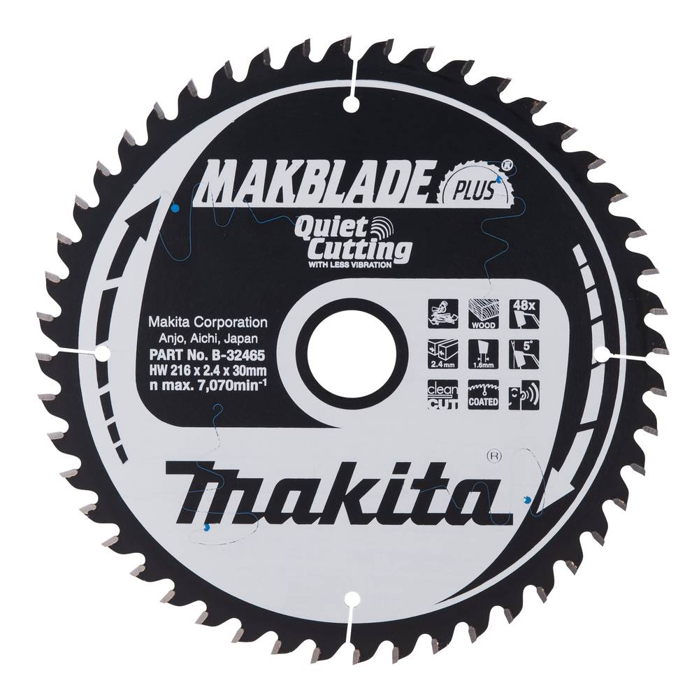 Makita Makblade Plus Kreissägeblatt mit Zähnen und gedruckten Produktspezifikationen und Symbolen.
