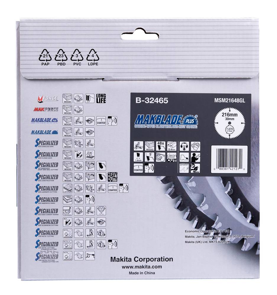 Makita Kreissägeblatt-Paket, Modell B-32465, mit einem 216 mm, 30 mm 48-Zahn-Makblade-Plus-Blatt zum Schneiden von Holz und ähnlichen Materialien.