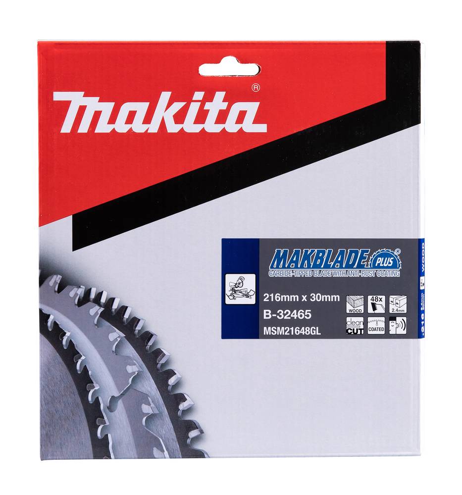 Makita Makblade Plus Kreissägeblatt Verpackung, gekennzeichnet mit 216mm x 30mm, B-32465 und MSM21648GL.