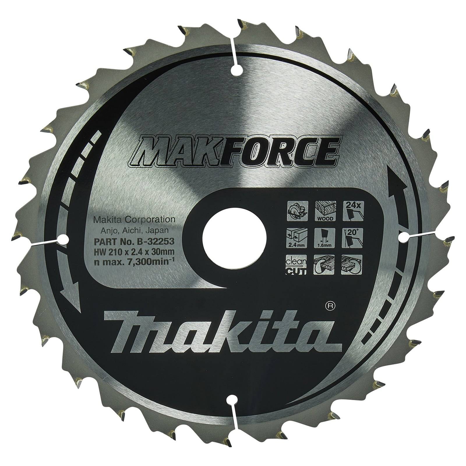 Kreissägeblatt mit 'Makita' Branding, entwickelt für Holzbearbeitung. Merkmale umfassen Spezifikationen: 24 Zähne, 210 mm Durchmesser, 2,4 mm Dicke.