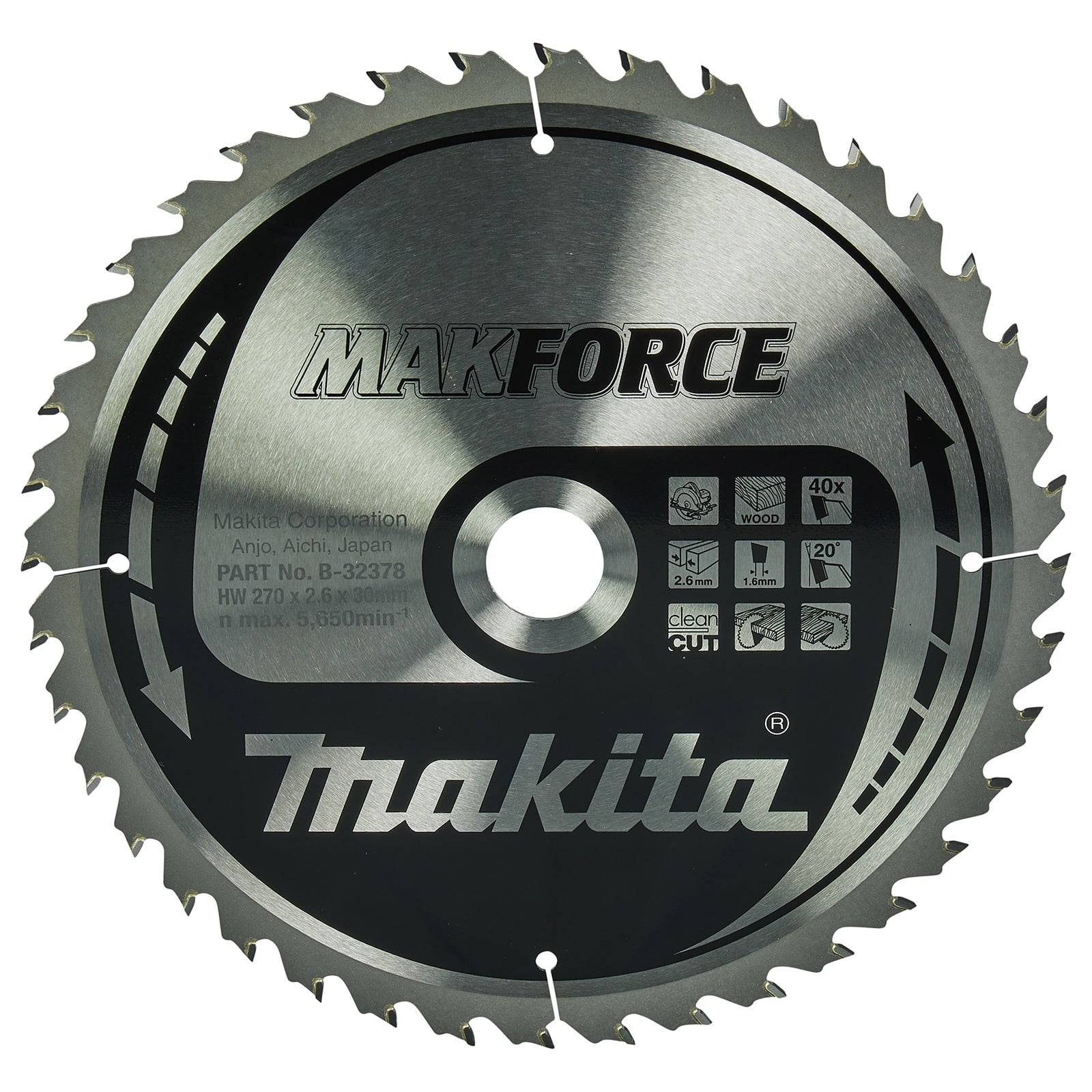 Eine Kreissägeblatt mit 'Makforce' und 'Makita' Branding. Es zeigt Symbole für Holzschnitt, 40 Zähne, eine maximale Drehzahl von 5.500 und Größendetails.