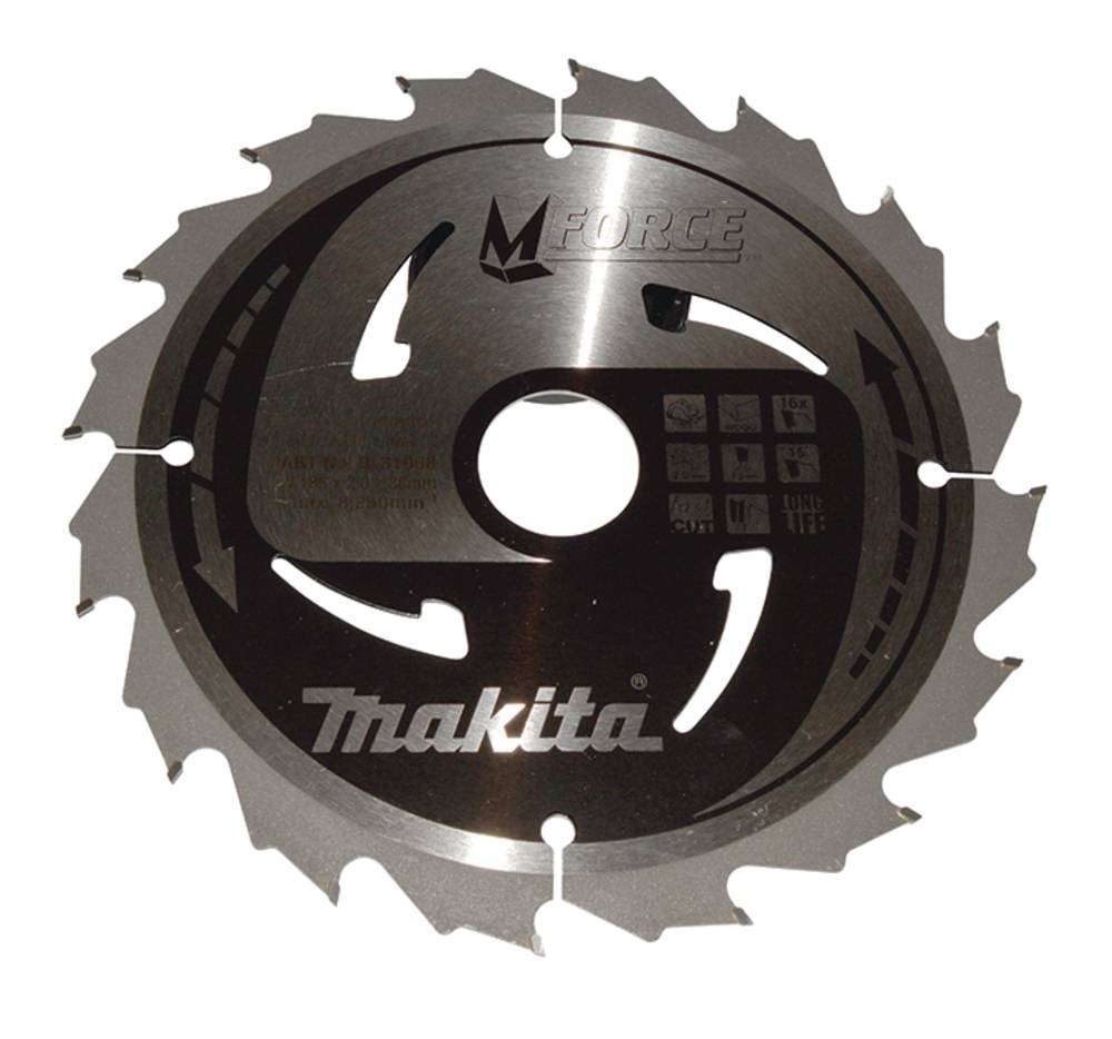 Makita M-Force Kreissägeblatt mit Schneidezähnen und zentralem Befestigungsloch auf weißem Hintergrund.