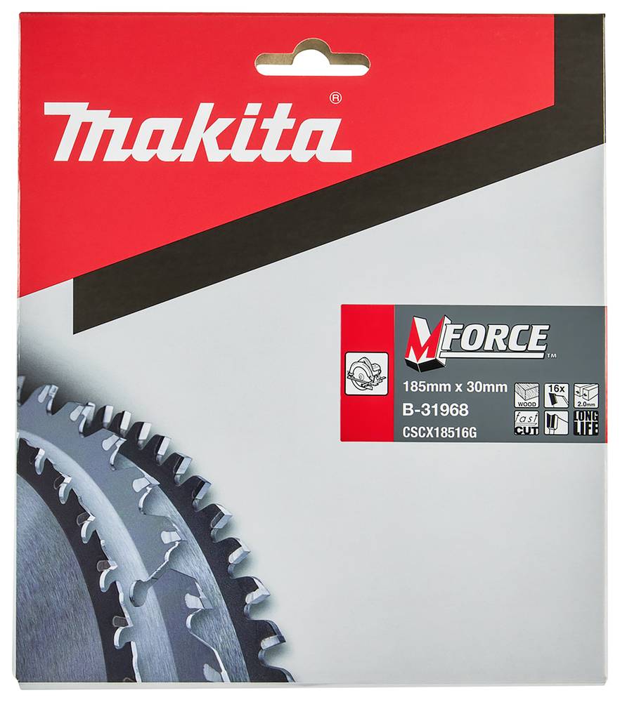 Makita M-Force Kreissägeblatt-Set, 185 mm x 30 mm, Modell B-31968, mit Sägeblattabbildung und Produktsymbolen.