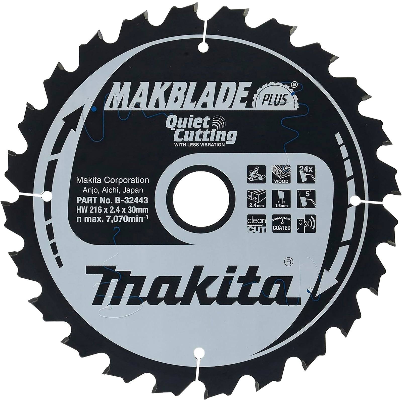 Kreissägeblatt mit der Bezeichnung 'Makblade Plus' von der Makita Corporation, ausgestattet mit 'Quiet Cutting' und den Spezifikationen: 24 Zähne, 216 mm Durchmesser.