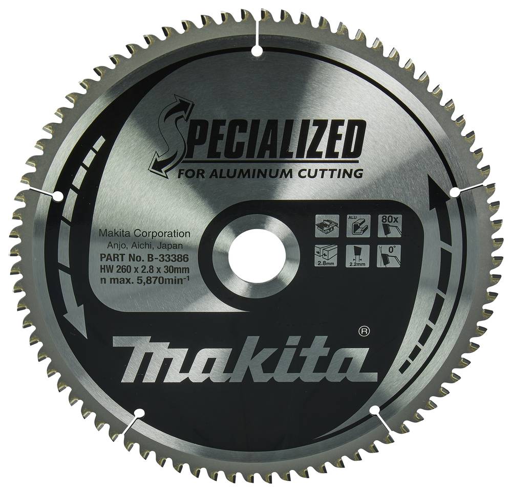 Makita spezialisiertes Kreissägeblatt für Aluminium-Schnitte, in Vorderansicht mit Produktkennzeichnung und Zähnen rund um die Kante dargestellt.