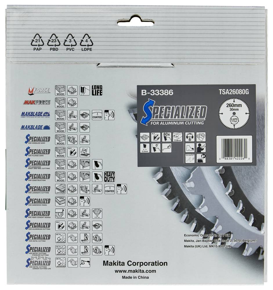 Verpackung für ein spezialisiertes Aluminium-Schneidewerkzeug, Modell B-33386/TSA26080G, 260 mm Durchmesser, mit Kompatibilitäts- und Sicherheitszeichen von Makita Corporation.
