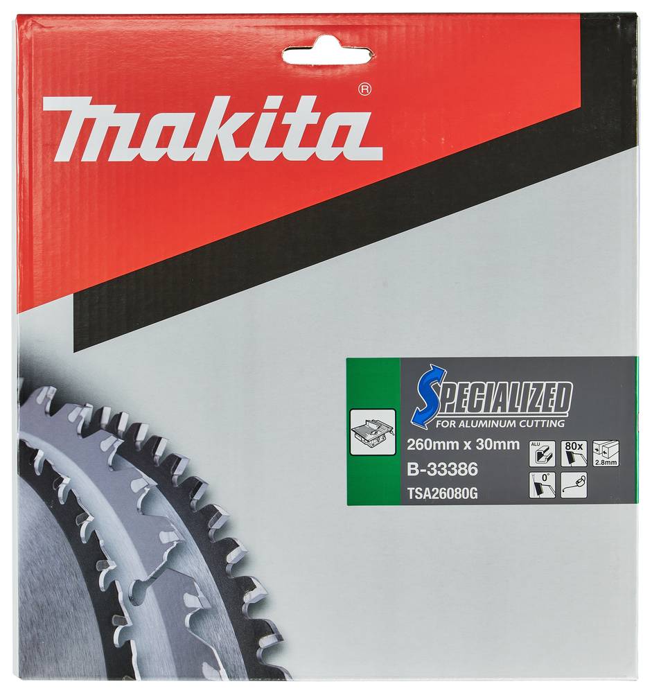 Verpackung für ein Makita Spezial-Aluminium-Schneidklingensägeblatt, beschriftet 260 mm x 30 mm, B-33386, mit einem Blattbild und Produktdetails.