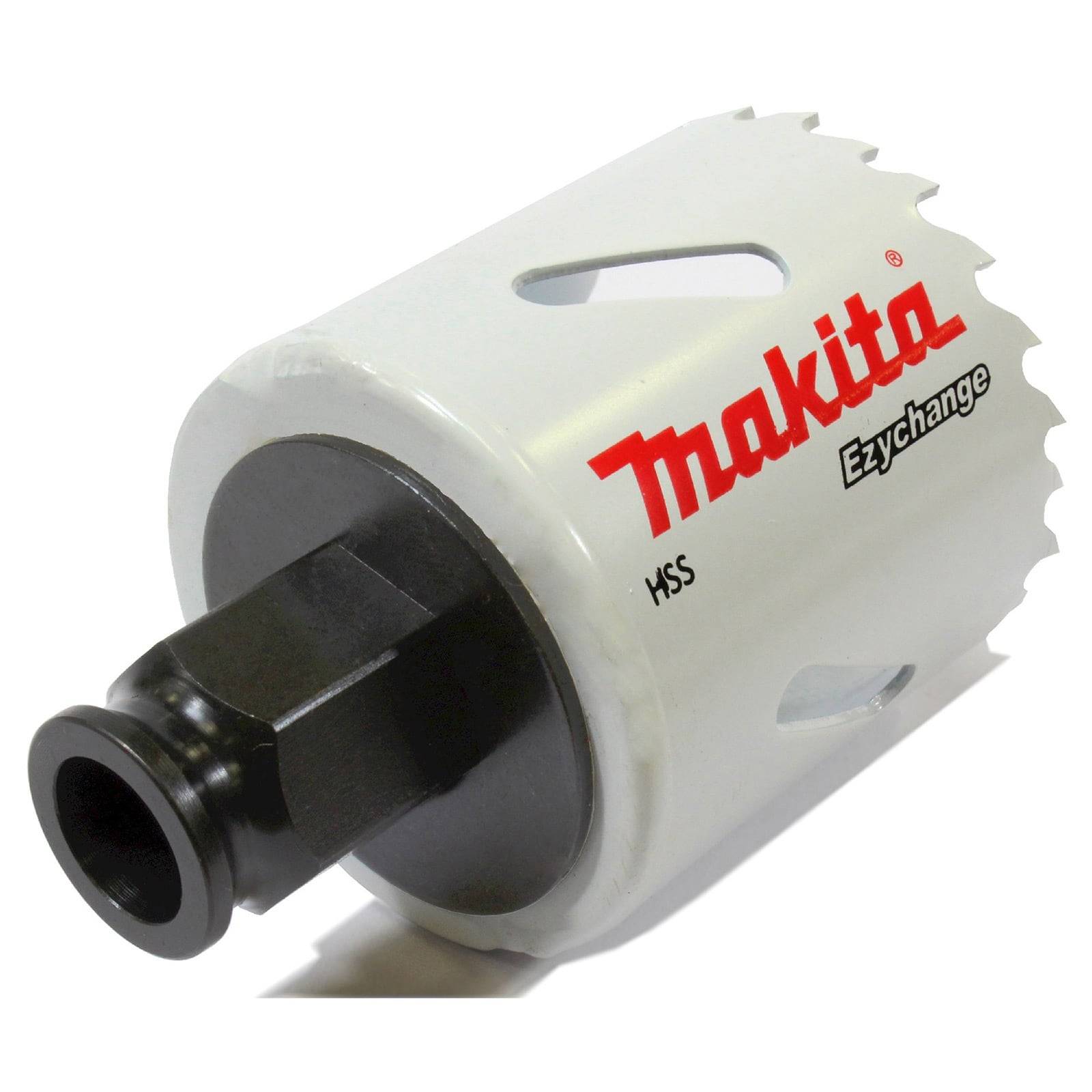 Eine weiße Makita Ezychange HSS-Lochsäge mit schwarzer Aufnahme, die zum Schneiden von Materialien wie Metall oder Holz entwickelt wurde.
