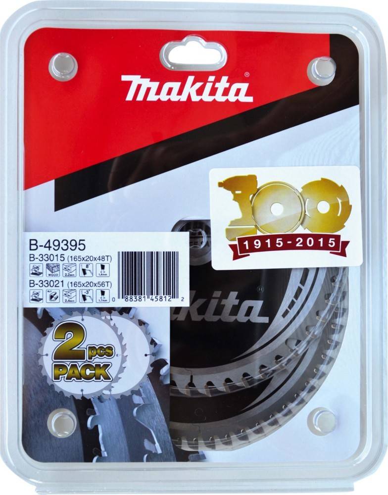 Makita-Verpackung für B-49395 Sägeblatt-Set, enthält zwei Kreissägeblätter mit der Bezeichnung 165x20x48T. Mit goldenem Jubiläums-Logo.