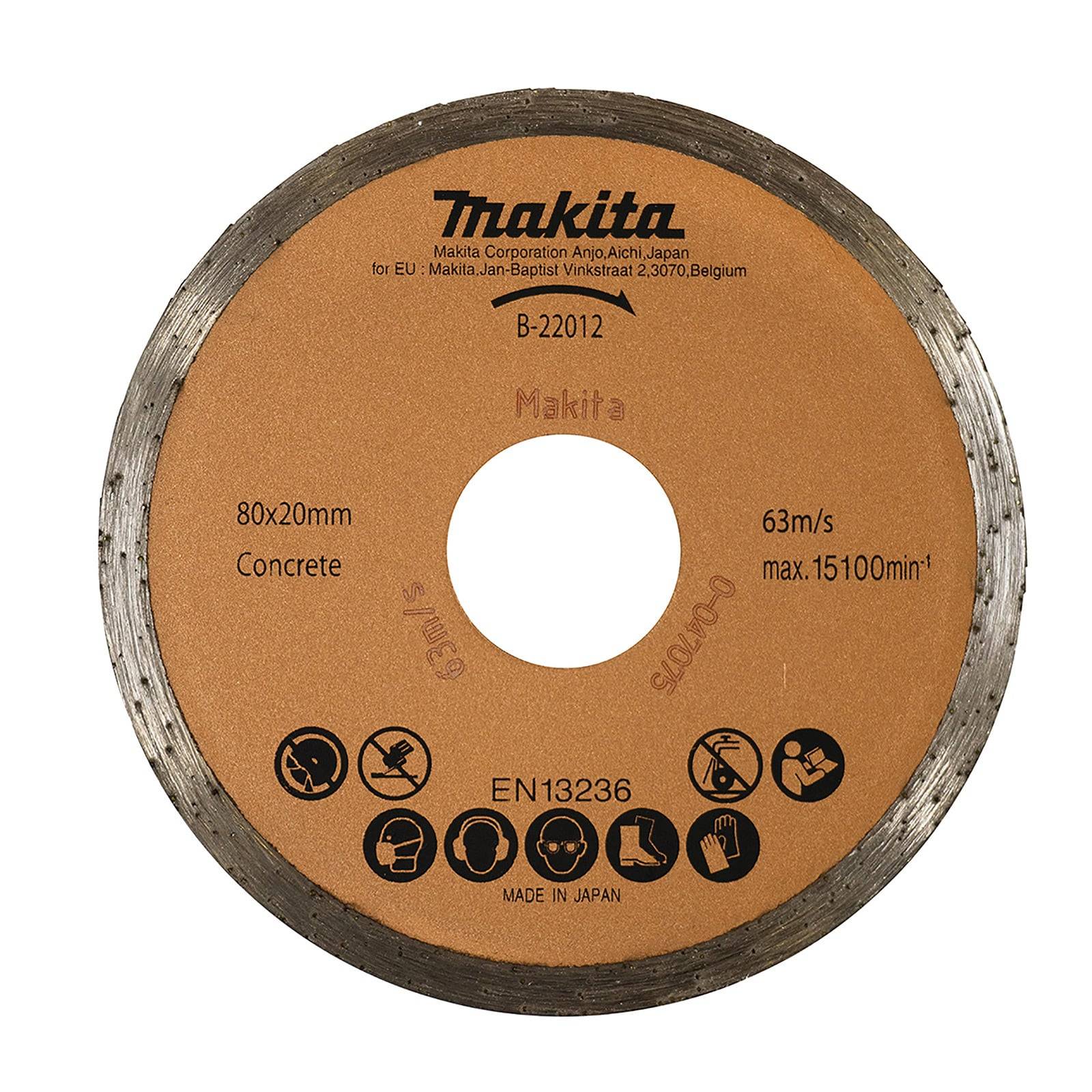 Eine kreisförmige Metalltrennscheibe, gekennzeichnet für den Betonschnitt, mit folgenden Spezifikationen: 80x20mm, Geschwindigkeit 63 m/s, max. 15100 min⁻¹.