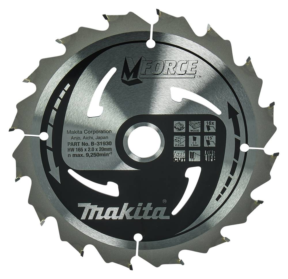 Makita Kreissägeblatt mit Hartmetallzähnen für Holzschnitte, gekennzeichnet mit Größen- und Spezifikationsmarkierungen.