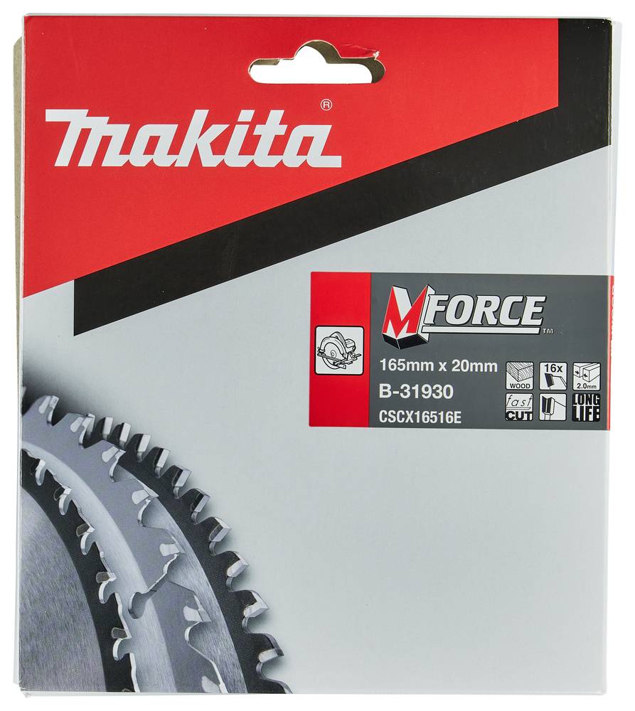 Makita M Force 165mm x 20mm Sägeblatt-Paket, das das Blatt und das Produktetikett B-31930 auf der Vorderseite zeigt.
