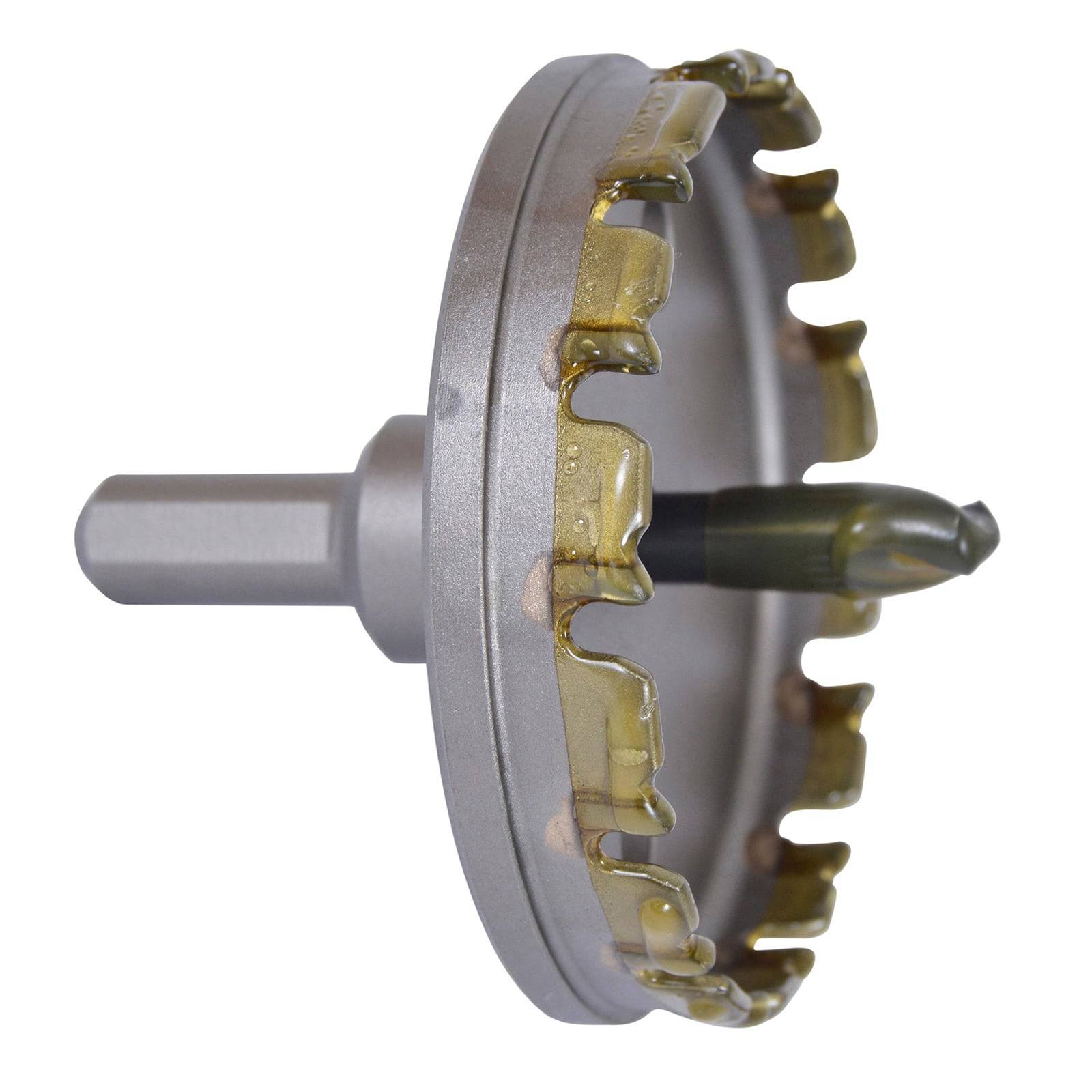 Ein Lochsägeaufsatz aus Metall mit gezackten Zähnen, mit Schmiermittel beschichtet, der zum Schneiden von kreisförmigen Löchern in verschiedenen Materialien entwickelt wurde.
