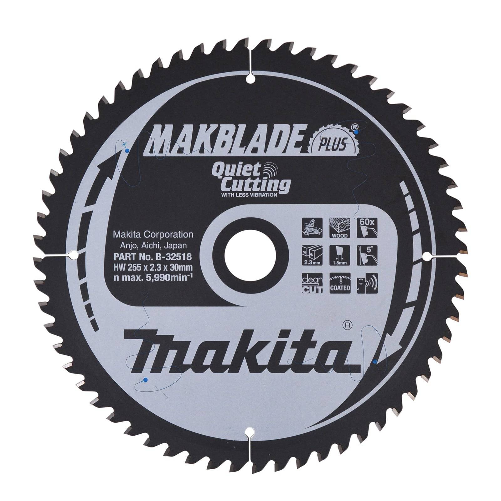 Sägeblatt beschriftet mit Makita Corporation, Anjo, Japan, TEILENR. B-32518, HW 255 x 2,3 x 30 mm, max 5.990 min⁻¹, Makblade für ruhigen Schnitt.