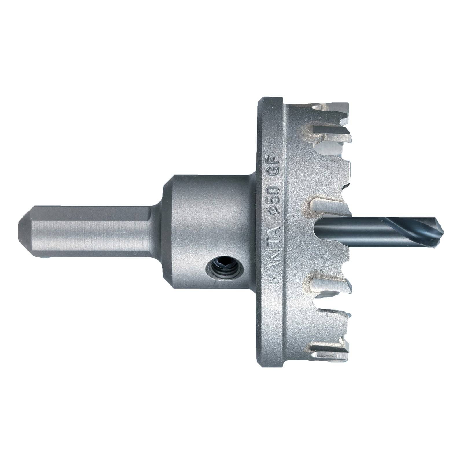 Ein Lochsägeaufsatz aus Metall mit einem zentralen Bohrer und scharfen Zähnen, der zum Schneiden großer Löcher in Materialien wie Holz oder Metall entwickelt wurde.
