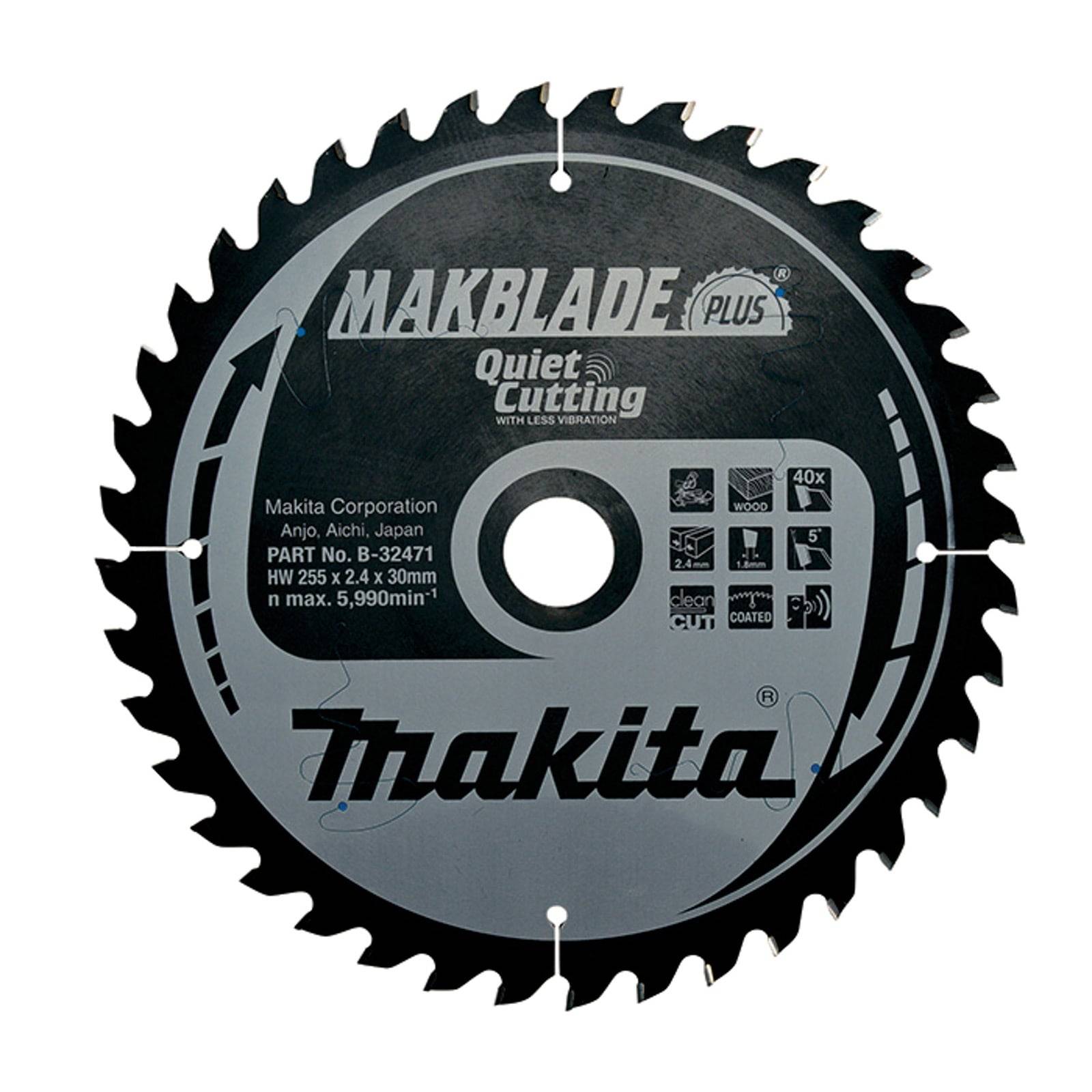 Sägeblatt 'Makblade Plus' von Makita, entwickelt für leiserem Schnitt mit weniger Vibration, HW 255 x 2,4 x 30 mm, 40 Zähne.