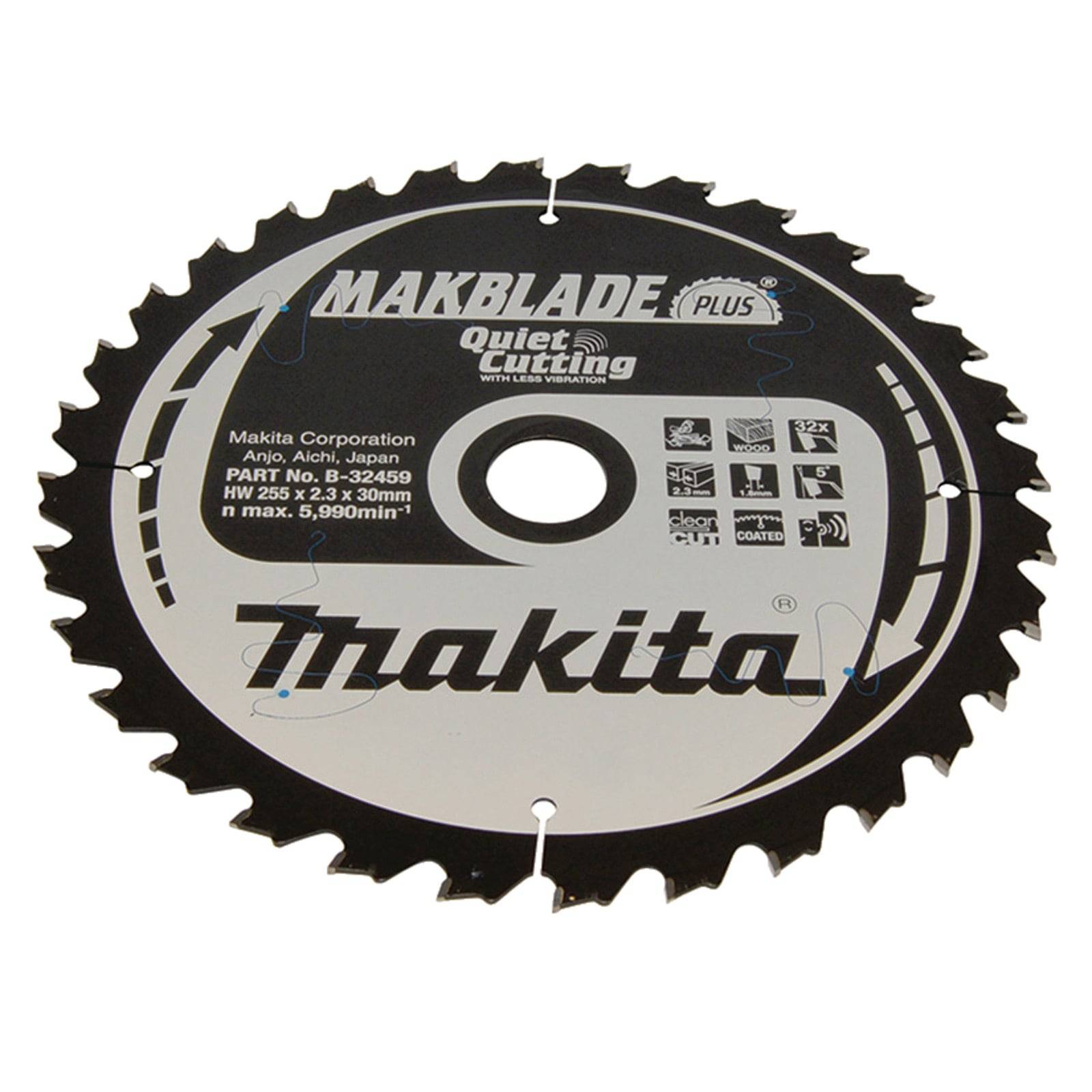 Kreissägeblatt mit 'Makita' Branding, mit der Bezeichnung 'Makblade Plus', verfügt über Technologie zur Lärmreduzierung beim Schneiden. Enthält Produktspezifikationen und Teilenummern.