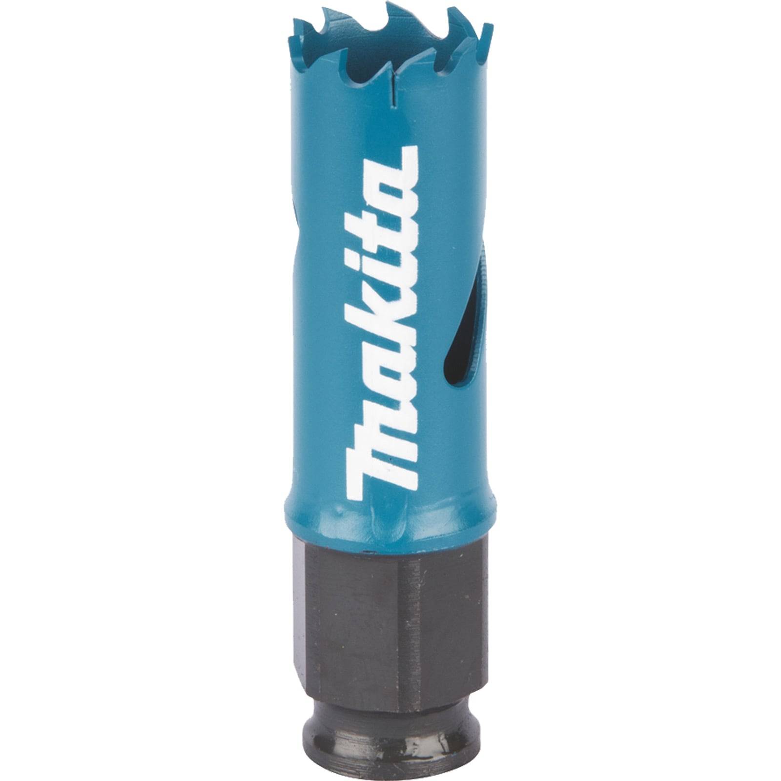 Eine blaue Makita-Lochsäge mit gezackter Schneidkante und Sechskantbasis, die zum Bohren von Kreislöchern in verschiedenen Materialien verwendet wird.