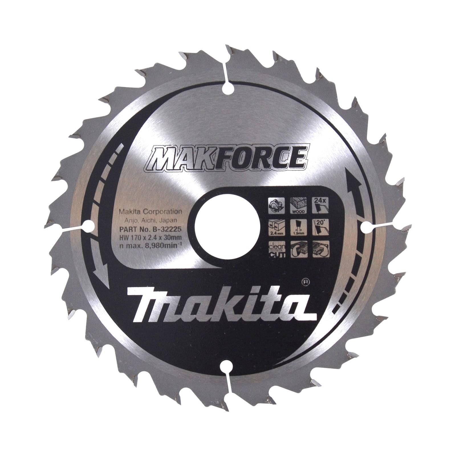 Makita Sägeblatt mit schwarz-silberner Designoptik, gekennzeichnet mit Spezifikationen für 24 Zähne, 170 mm Durchmesser und maximale Drehzahl von 8900 U/min.