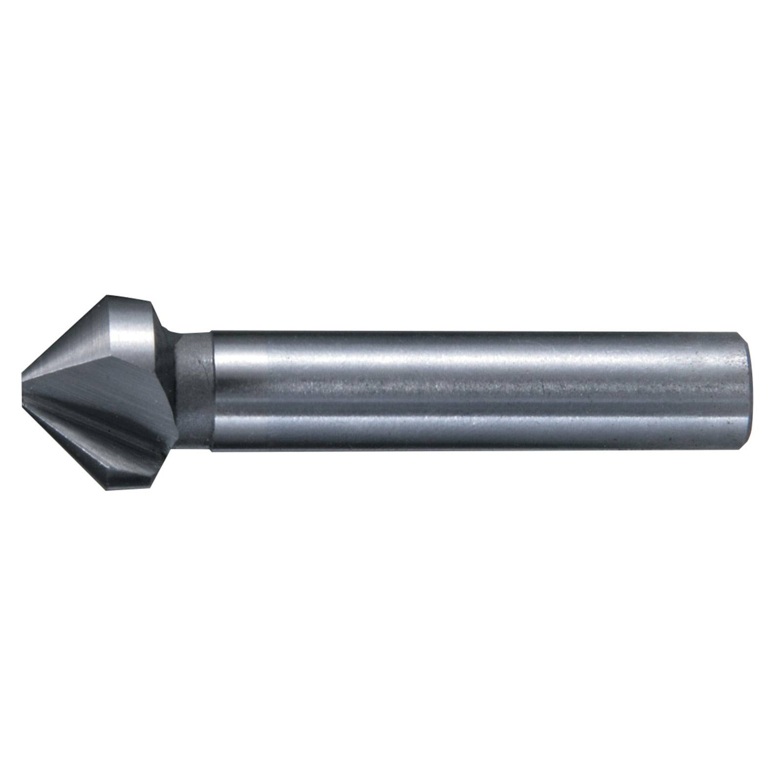 Ein silberner Metallversenker mit einer konischen Spitze und einem zylindrischen Schaft, der zum Erstellen einer Vertiefung für Schraubenköpfe in verschiedenen Materialien verwendet wird.
