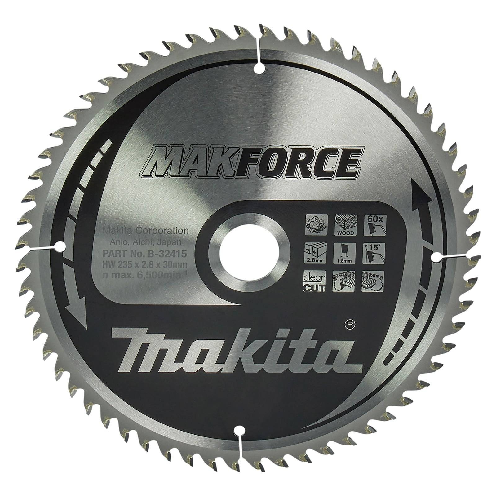 Sägeblatt mit Markenaufdruck 'Makita' und 'Makforce', mit Spezifikationen: 60 Zähne, 230 x 30 mm, max. 6.500 U/min, zum Holzschneiden.