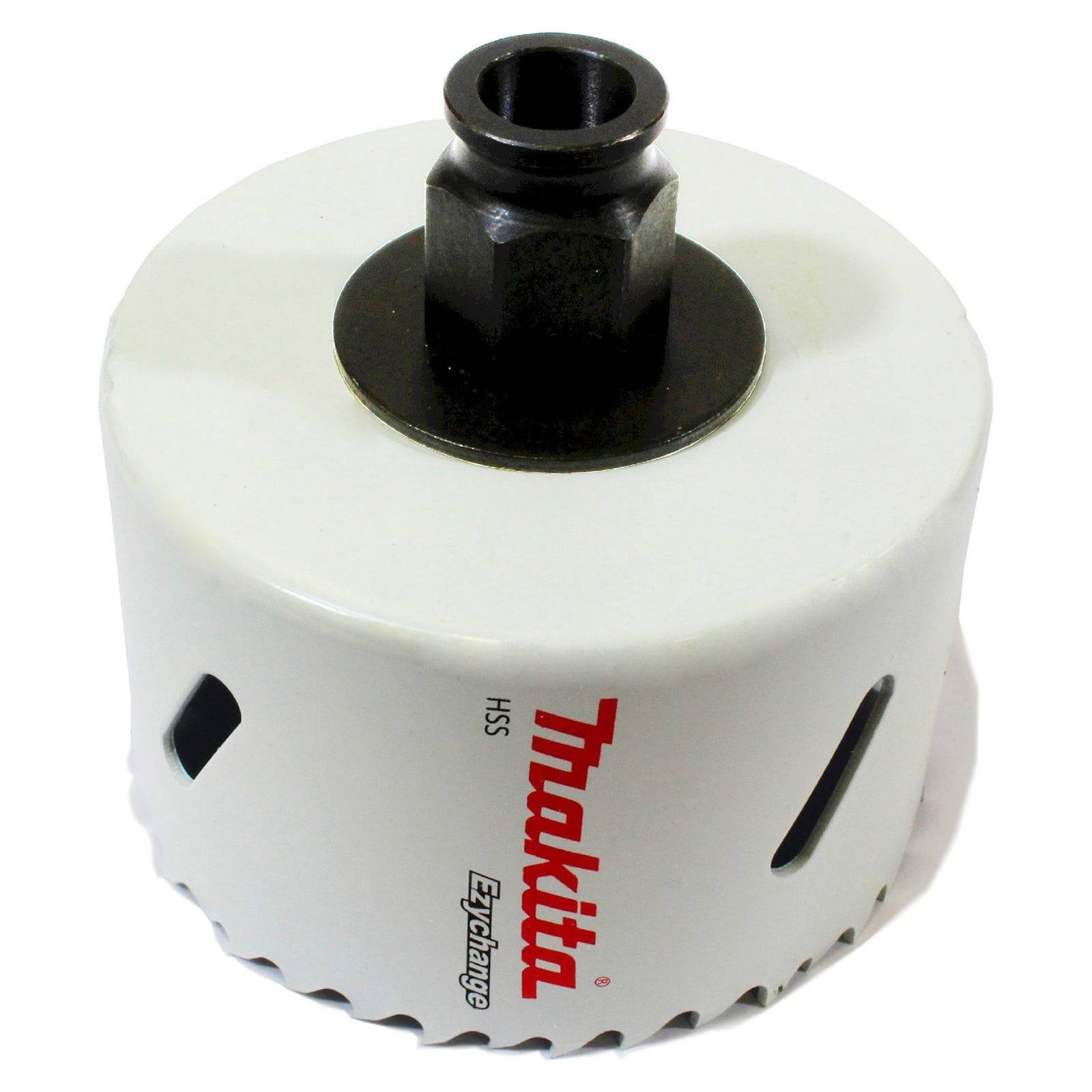Eine weiße Makita-Lochsäge mit schwarzem Mittelpunkt, verwendet zum Schneiden von kreisrunden Löchern in Materialien; mit Markenname und 'HSS'-Etikett.