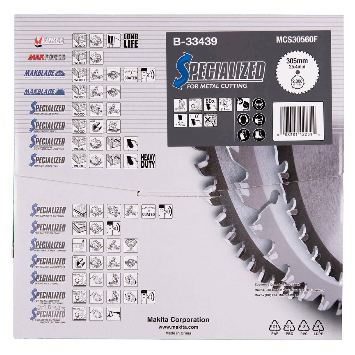 Verpackung für ein Makita spezialisiertes 305-mm-Metallschneidblatt, das Produktkompatibilitätssymbole, einen Barcode und ein Foto des Blatts zeigt.