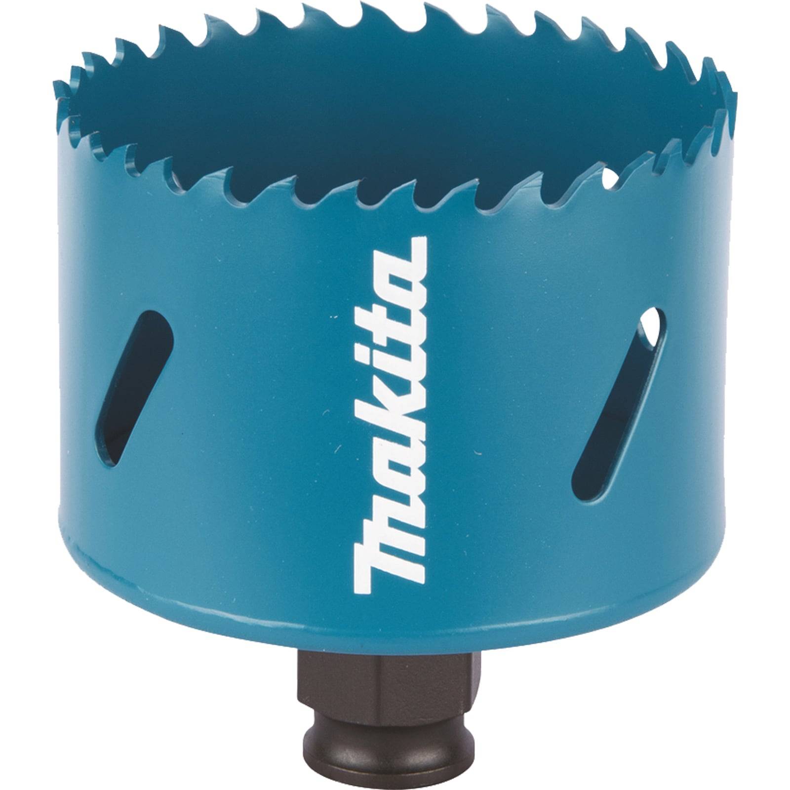 Eine blaue Makita-Lochsäge mit scharfen Zähnen wird gezeigt. Sie wird verwendet, um präzise Löcher in verschiedenen Materialien zu schneiden.