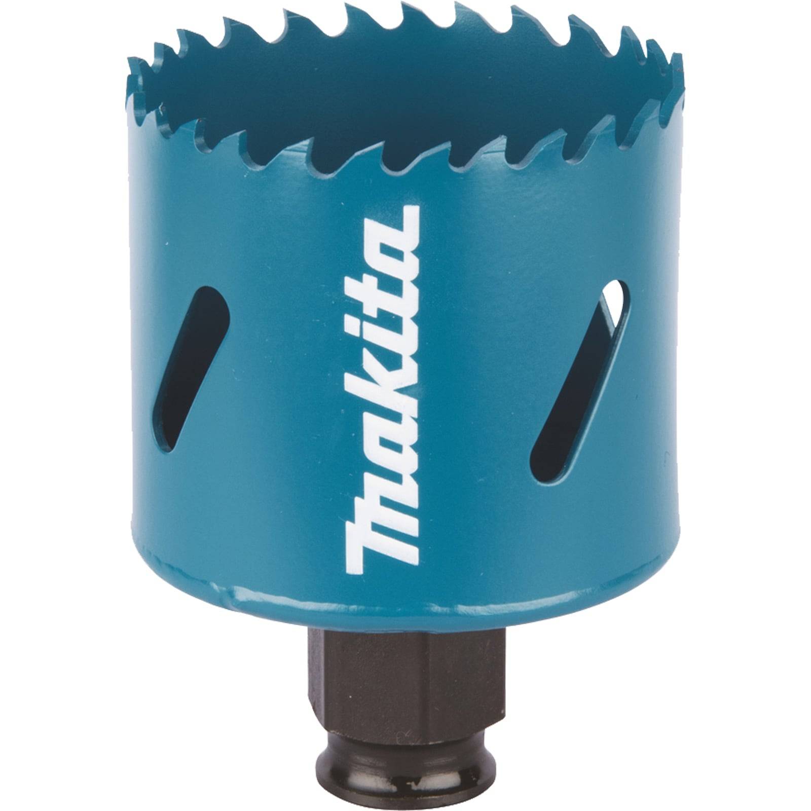 Eine blaue Makita-Lochsäge mit scharfen, gezackten Kanten zum Schneiden kreisrunder Löcher in verschiedenen Materialien.