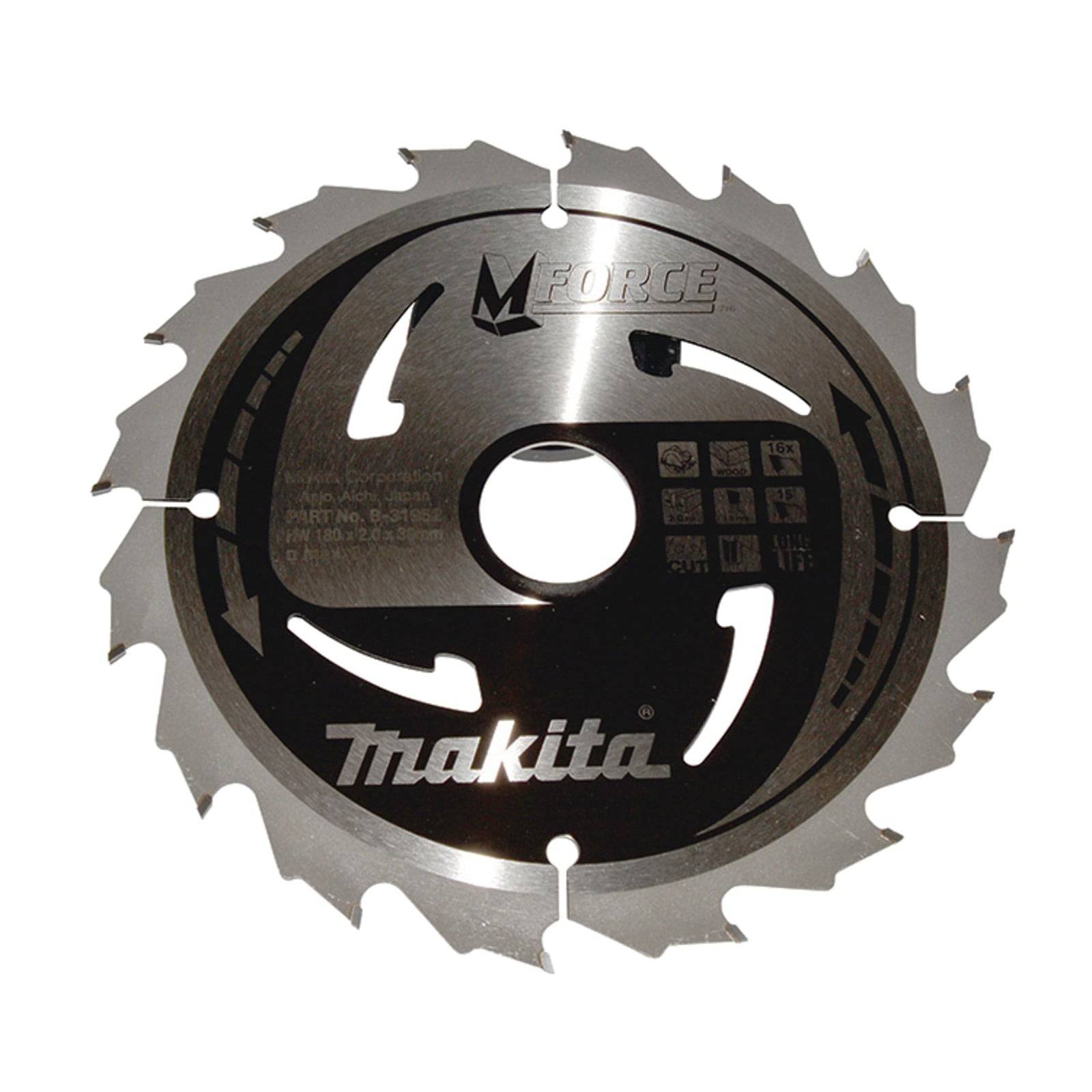Makita M Force Kreissägeblatt mit abwechselnd angeschrägten Zähnen für Holzbearbeitungen, mit Logo und Spezifikationen auf der Blattoberfläche.