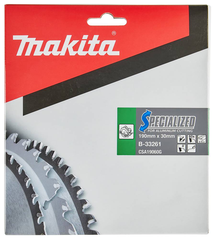 Makita-Verpackung für ein spezialisiertes Aluminium-Schneid-Kreissägeblatt, beschriftet 190 mm x 30 mm, B-33261, CSA19060G.