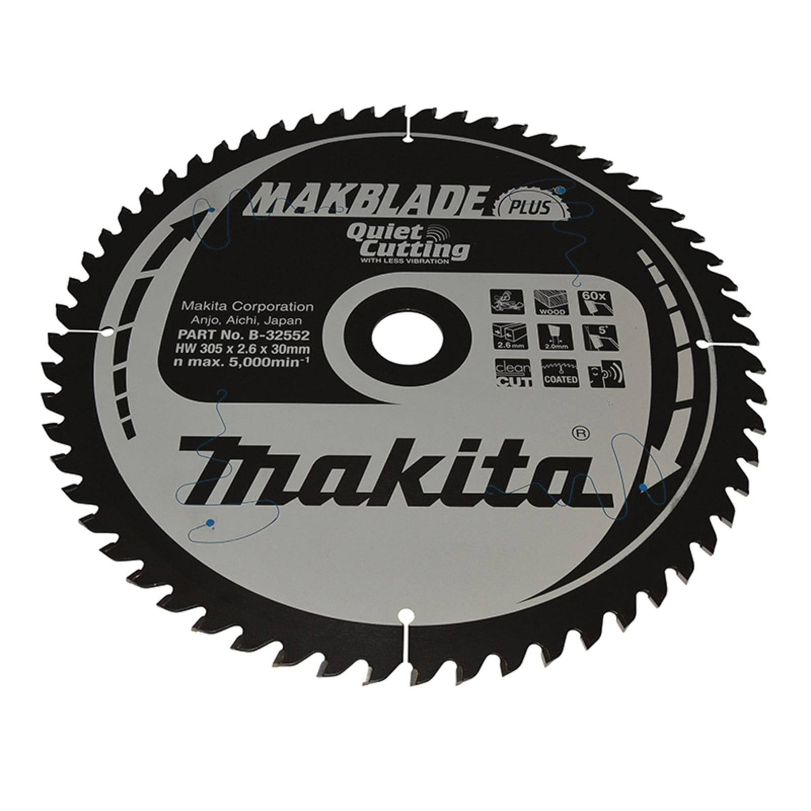 Kreissägeblatt mit der Aufschrift 'Makita Makblade Plus' mit Spezifikationen: 305 x 30mm, max 5000/min, mit Betonung der leisen Schneidtechnologie.