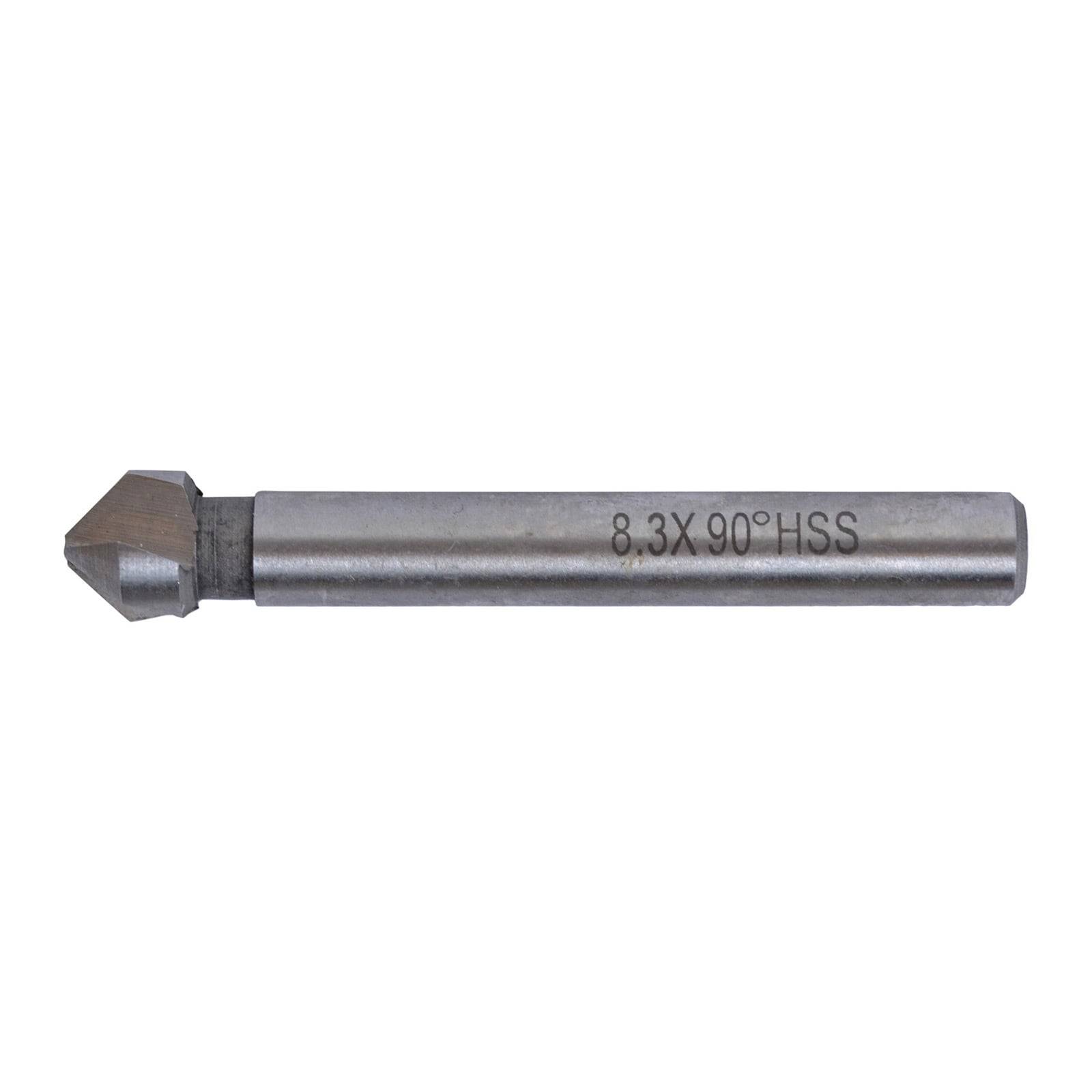 Ein Stahl-Kegelsenker mit einem Durchmesser von 8,3 mm und einem 90-Grad-Winkel, der am Schaft mit '8,3X90°HSS' gekennzeichnet ist, zum Bohren verwendet.