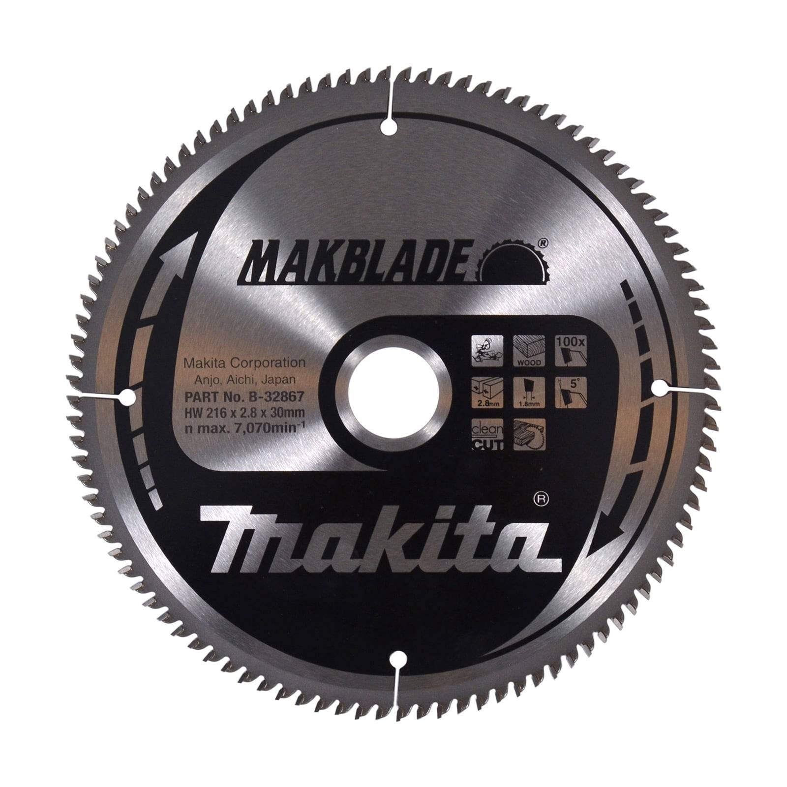Eine Kreissägeblatt mit der Marke 'Makita' und dem Modell 'Makblade', das auf ihm aufgedruckt ist, mit Spezifikationen und Symbolen zur Gebrauchsanleitung.