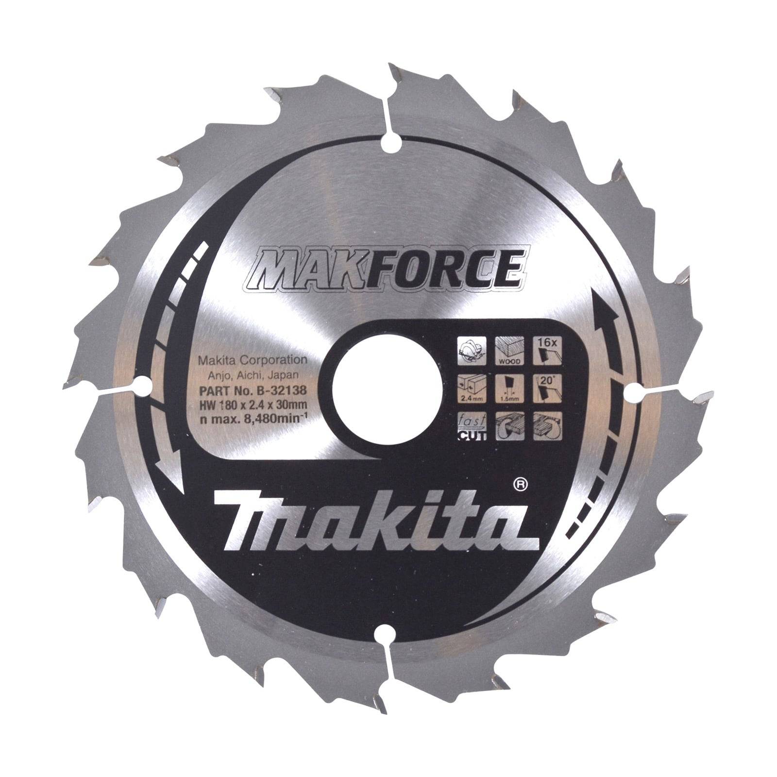 Eine Kreissägeblatt mit der Bezeichnung 'Makita MakForce', mit Spezifikationen: HM 180 x 2,4 x 30 mm, max 8.480 min⁻¹.