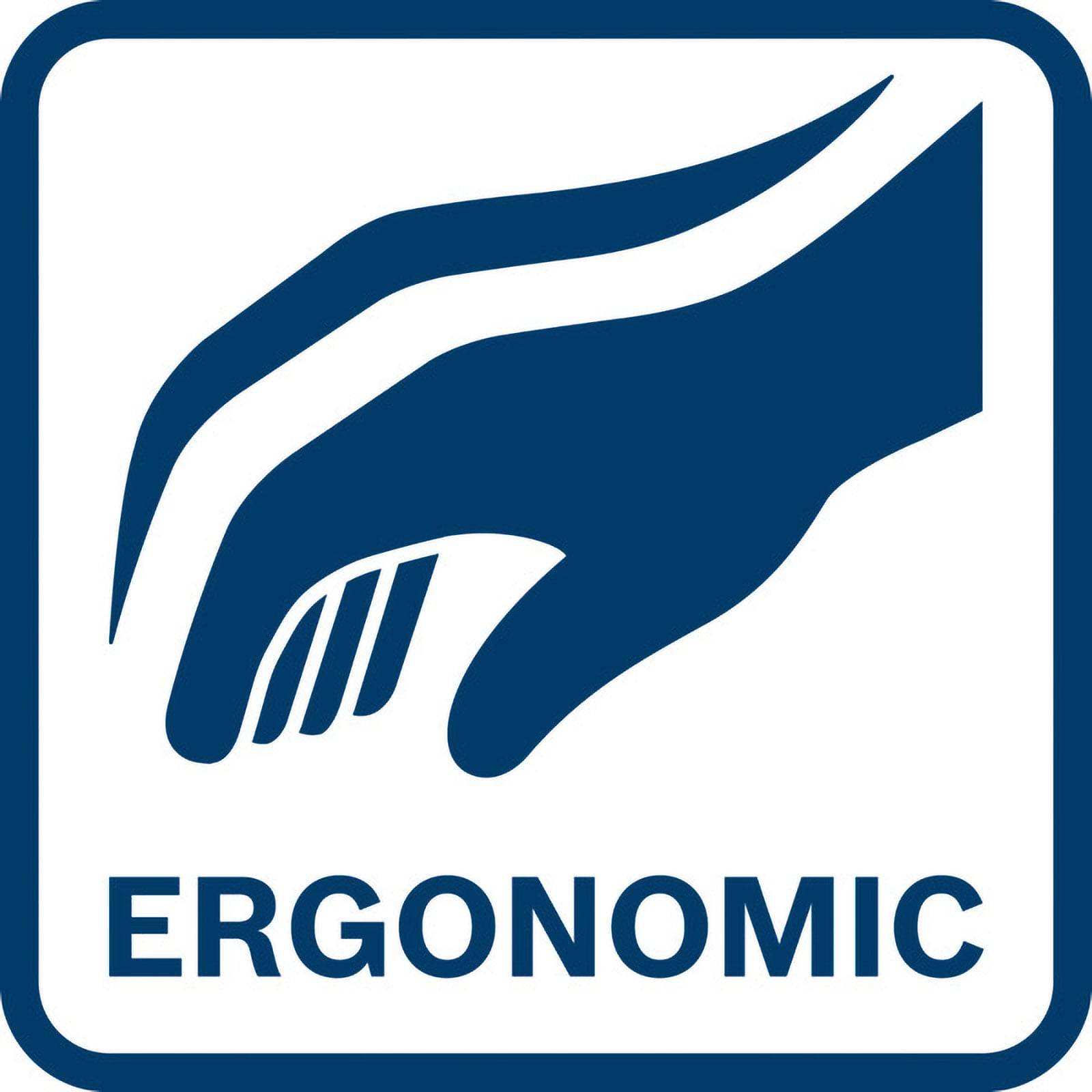 „Ergonomisch" gekennzeichnet mit einem stilisierten Handdesign, das Komfort und Benutzerfreundlichkeit für Produkte mit diesem Label suggeriert.