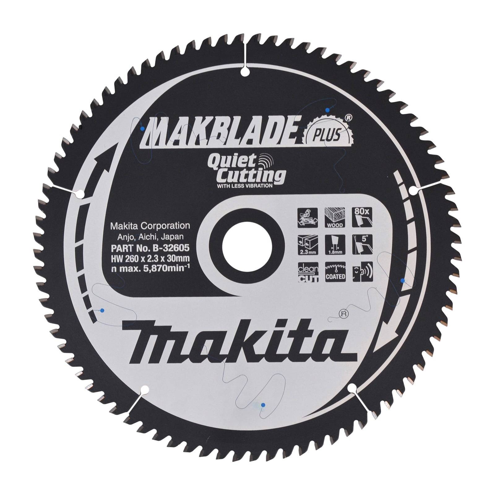 Kreissägeblatt der Marke 'Makita' mit 'Quiet Cutting'-Technologie für reduzierte Vibration, 260 mm Durchmesser, 2,3 mm Stärke, 30 mm Aufnahmedurchmesser.
