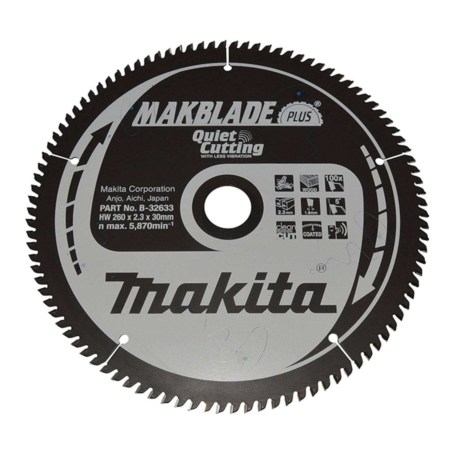 Sägeblatt mit Schriftzug: Makblade Plus, Makita. Eigenschaften: Leises Schneiden, Lasertechnologie, HW 280x2,3x30mm, 80 Zähne, max. 5.870 U/min.