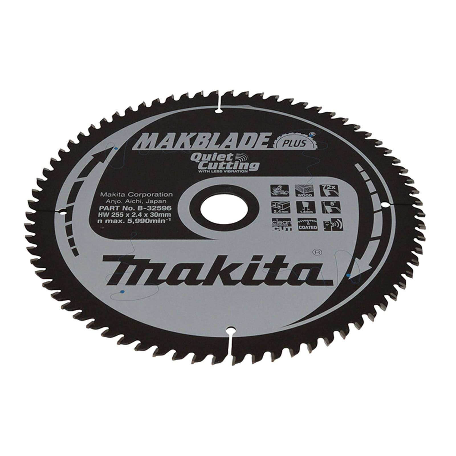 Eine Kreissägeblatt mit 'Makblade Plus Quiet Cutting' und 'Makita' Branding. Spezifikationen umfassen 255 mm Durchmesser, 2,8 mm Dicke, 5.900 max. U/min.