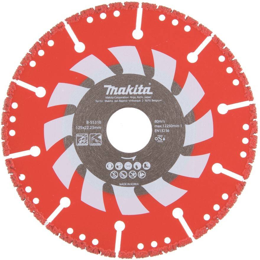 Eine rote und weiße segmentierte kreisförmige Makita-Sägeblatt, Modell B-35310, zur Verwendung auf Granit, mit im Zentrum gedruckten Spezifikationen.