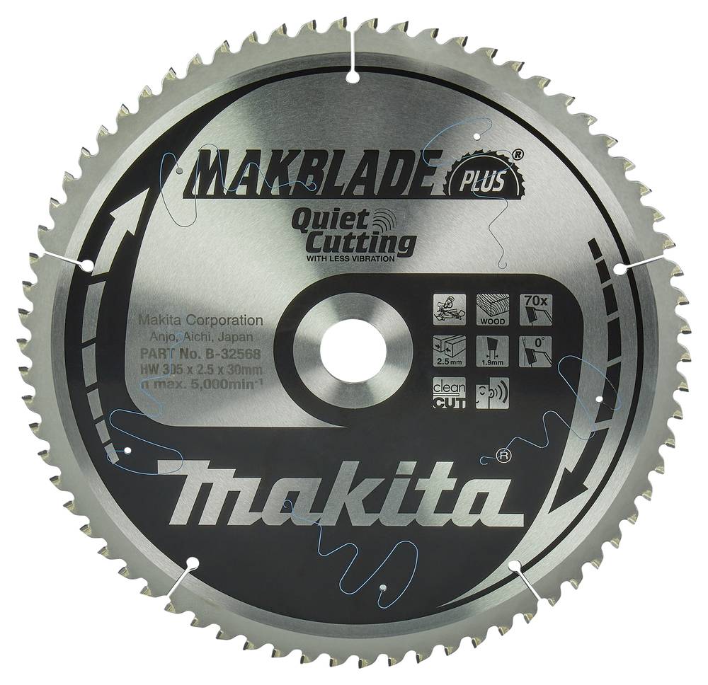 Makita 'MAKBLADE PLUS' Hochleistungs-Kreissägeblatt mit Metallzähnen für ruhiges Schneiden, frontal auf weißem Hintergrund abgebildet.