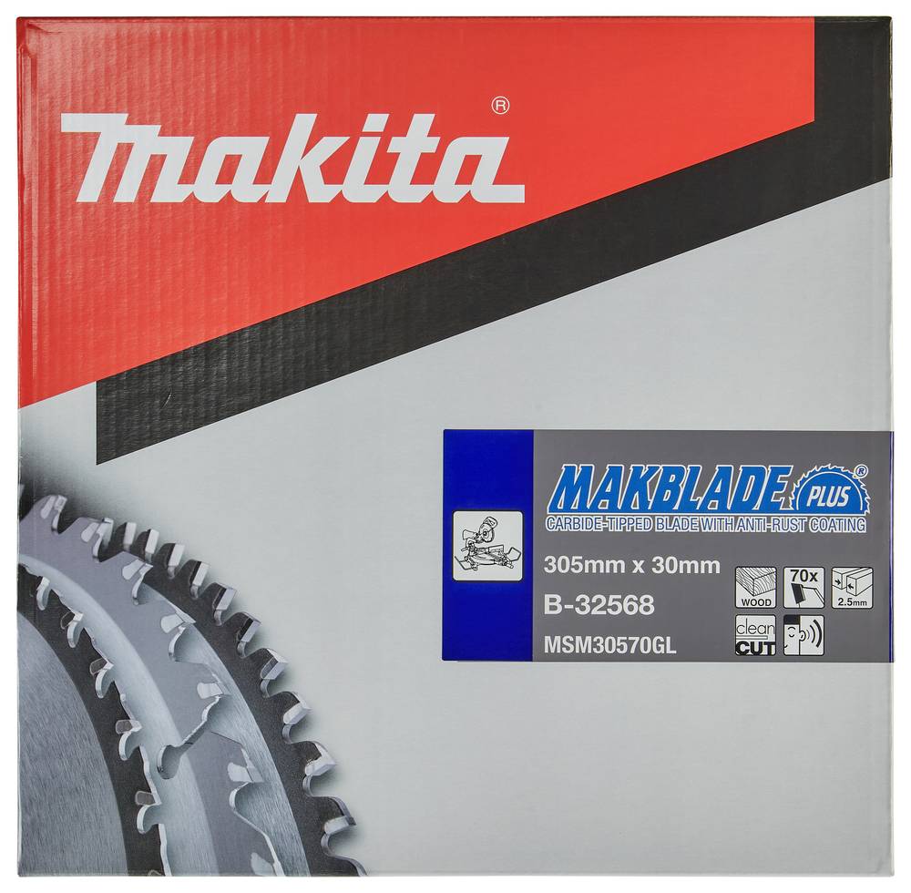 Makita Makblade Plus Hartmetall-Sägeblatt Verpackung, gekennzeichnet mit '305mm x 30mm' und 'B-32568', mit Sägeblattabbildung und Verwendungssymbolen.