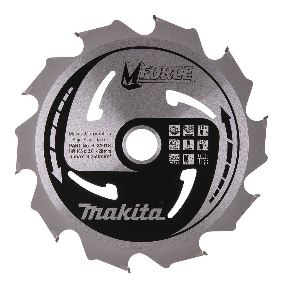 Makita M Force Kreissägeblatt mit gezahnter Metallschneidekante und gedruckten Produktspezifikationen auf der Oberfläche.
